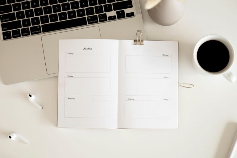 Open weekly planner with notes and a coffee cup on a wooden desk